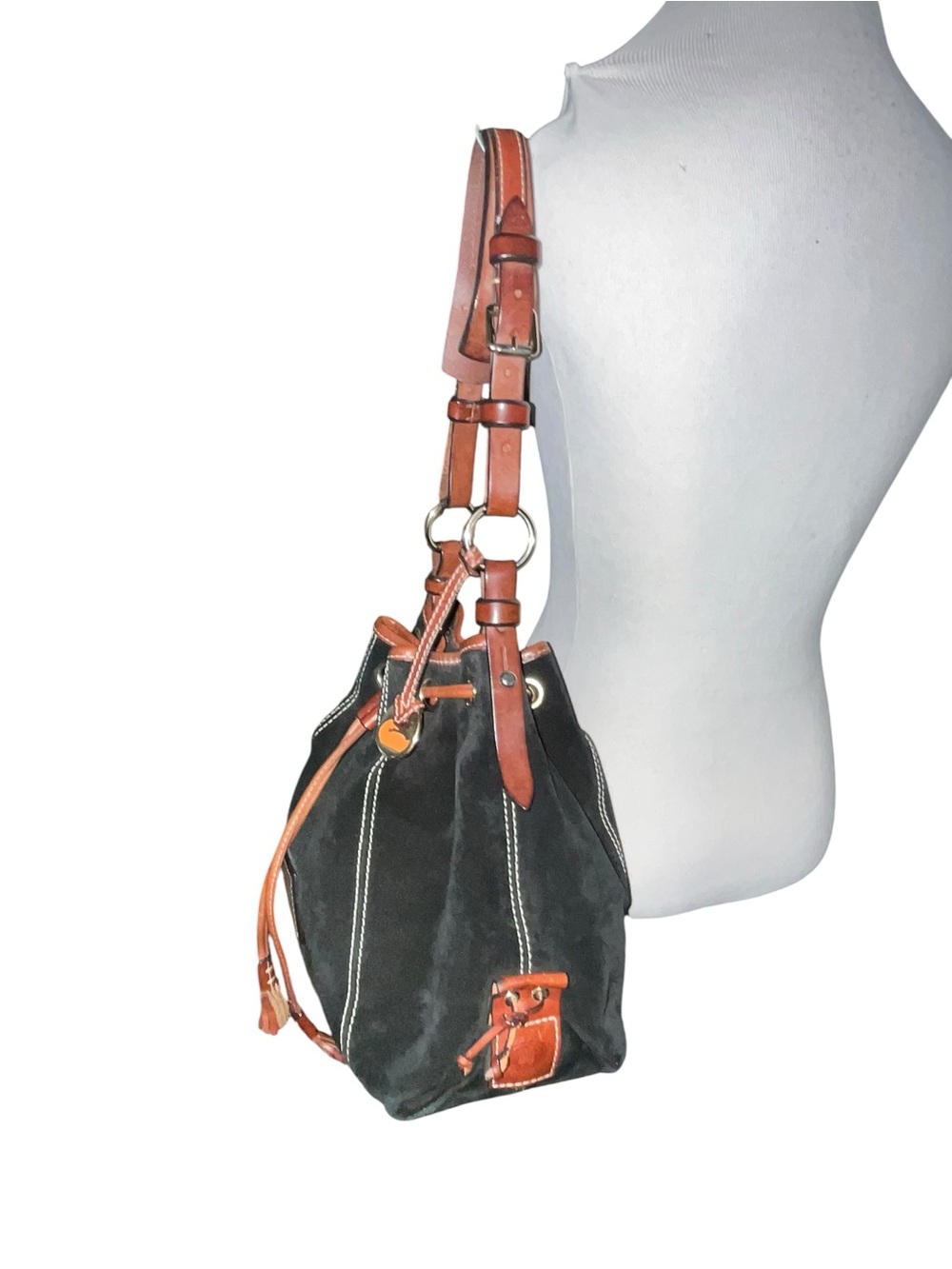 Vintage Dooney & Bourke Black Suede Drawstring Bucket Bag - Picture 2 of 16